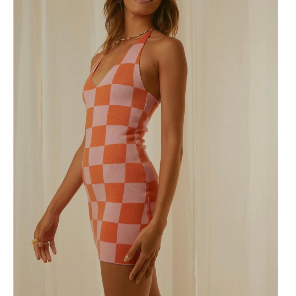 The Groove Knit Halter Dress - Pink and Orange Checkers